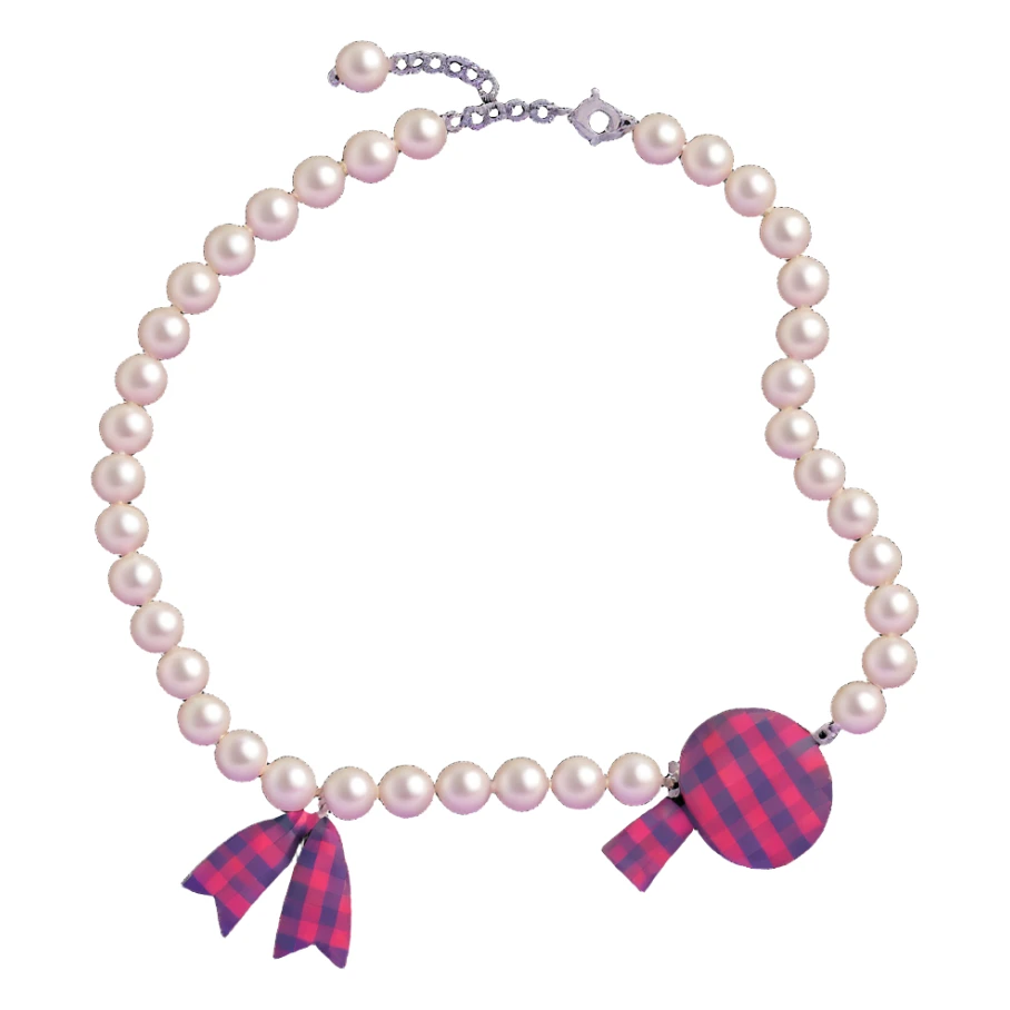 futuristic preppy accessory pack with smart pearl necklace and digital plaid pattern sticker