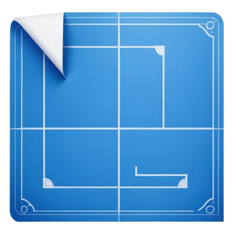 side view of a blue blueprint plan with white lines and a curled corner sticker