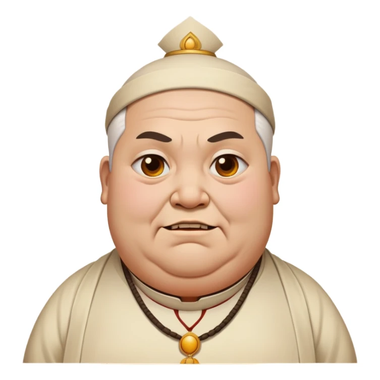 fat temple priest with a scary look and a closed, troubled smile, subtle temple background sticker