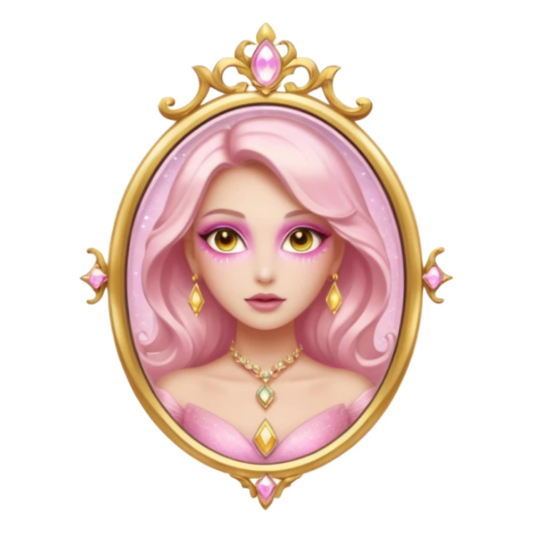 fantasy female character representing RAN Cosmetic, high-fashion makeup, glowing skin, magical sparkling powder, golden mirror, pastel pink and gold tones, elegant and mysterious sticker