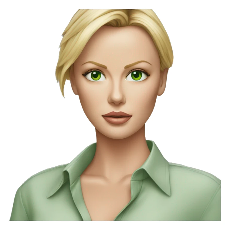 ultra realistic charlize theron green eyes wearing shirt sticker