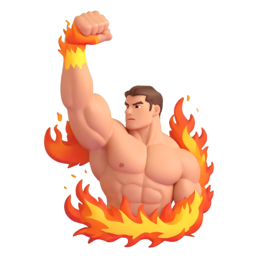 a strong arm flexing with flames and sparks bursting around it, vibrant and eye-catching sticker