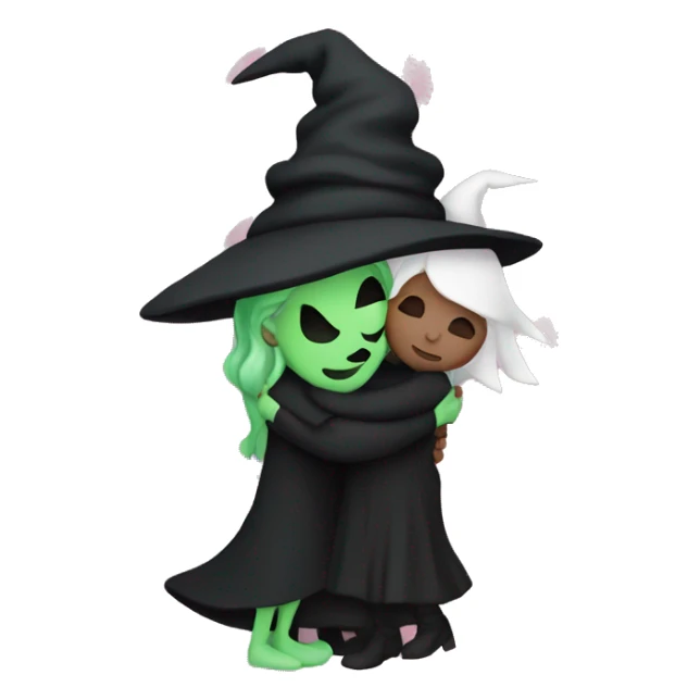 Witch dressed in black with green skin hugging pink dressed white witch sticker