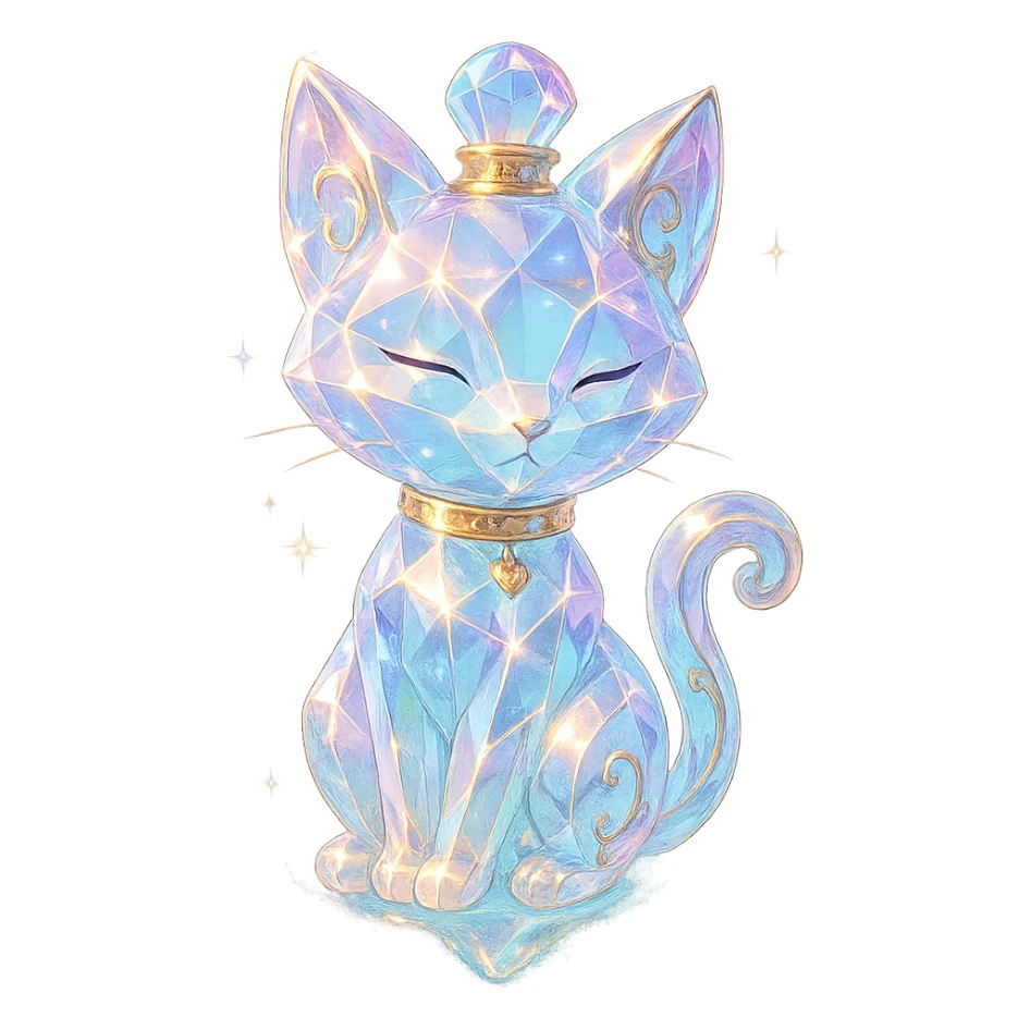 luxurious crystal elixir bottle in the shape of a kitten, pastel gradient, lots of glowing highlights, edges, ornaments, golden details, magical effects, very small golden collar, transparent background, beautiful merging base, clearly hanging in the air, no base or shadow, premium class impression, playful and interesting design, fitting a collection of crystal, luxurious, magical bottles sticker