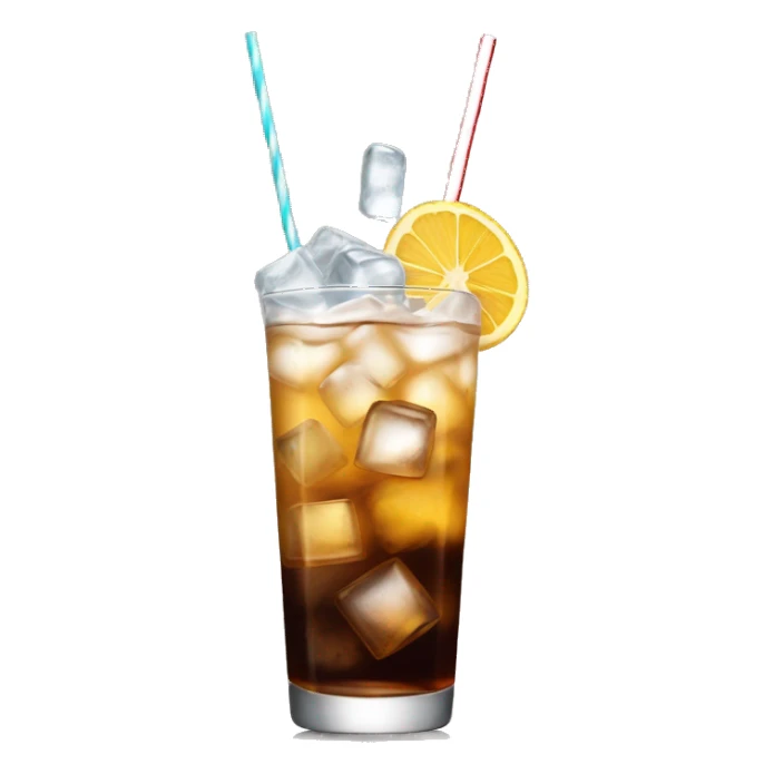 a tall and thin highball cocktail with 2 colors, brown on the bottom and clear water on top with crush ice and a straw, juste one drink, clear separation between colors sticker