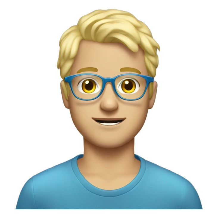 my boyfriend with blond hair 2 silver chain a blue long sleeve and transparent glasses a light yellow  sticker