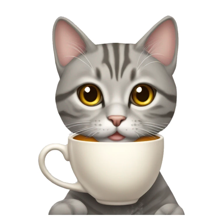 hazel eyed grey Tabby cat holding a cup of tea sticker