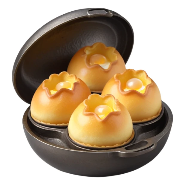 3D rendered authentic Hong Kong egg puffs (港式鸡蛋仔) being made in traditional iron mold, half-open showing bubble formation, golden batter, hyper-realistic texture sticker