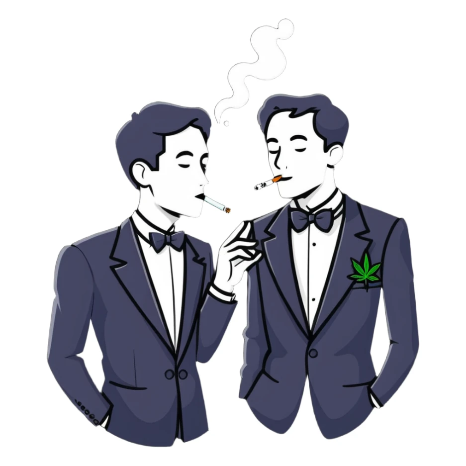 Two men in tuxedos smoking cannabis at a wedding party sticker