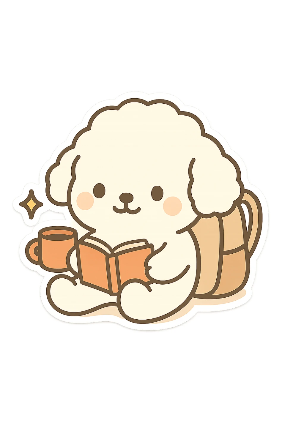 Transform the image into a WhatsApp sticker by removing the background and leaving only the cute little dog sitting and reading a book. Add a white border around the dog for a sticker effect. sticker