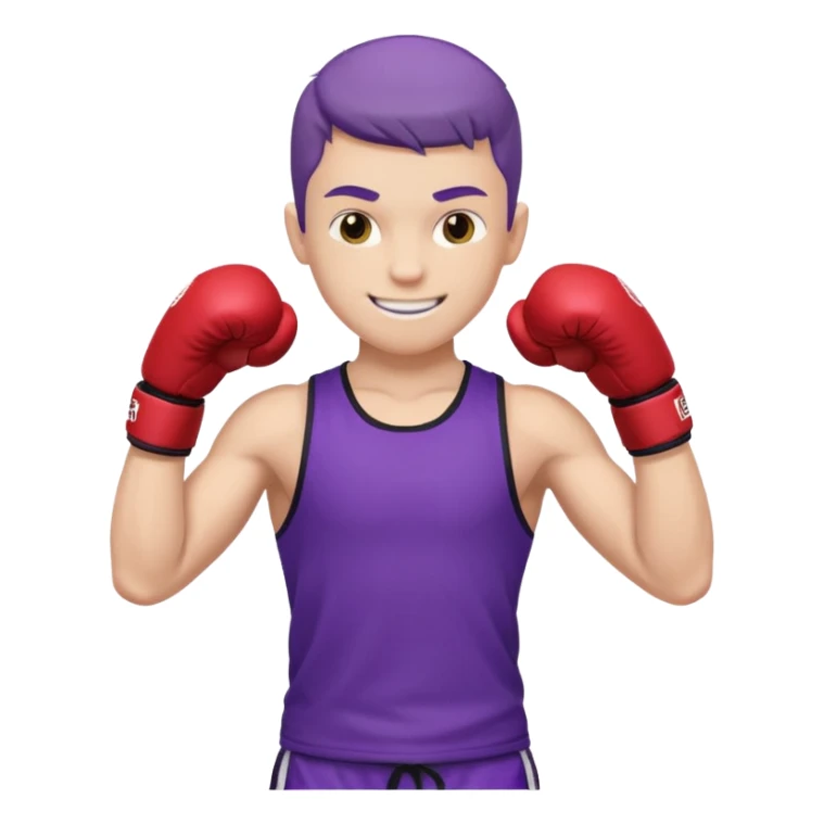 now make a boy whose white smiling in purple kickboxing full shirt with Fighting HARD on the shirt sticker