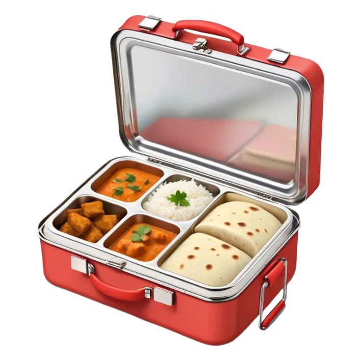 traditional Indian lunchbox (tiffin) with three compartments, each filled with Indian food—one with rice, one with curry, and one with naan or chapati. The lunchbox should be open, showing the food inside, with steam rising to indicate it’s fresh and hot. sticker