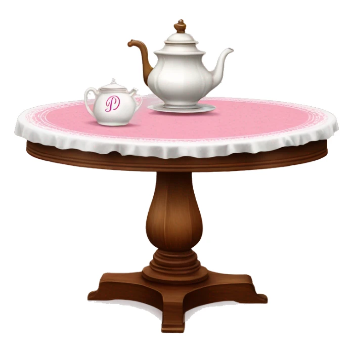 A cute round wooden tea table regency style with pink and white tablecloth on it with monograms sticker