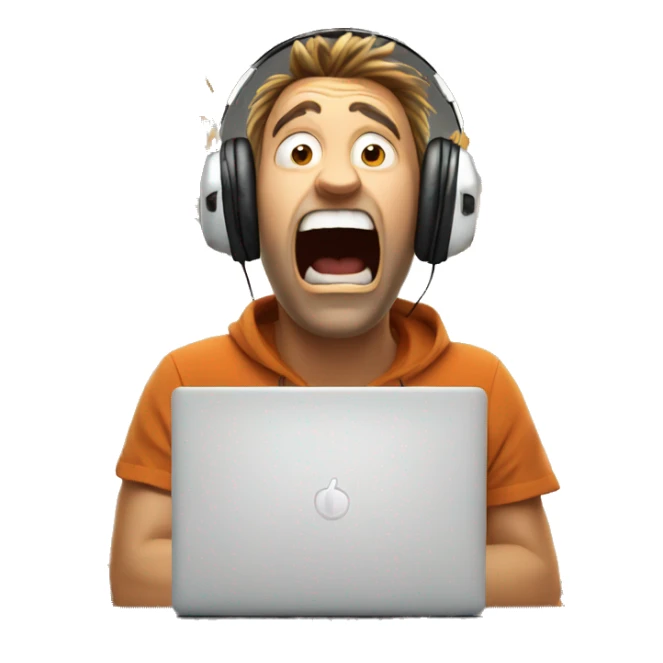 explosion face man wearing headphones, very surprised with wow face, mind blown looking at laptop sticker