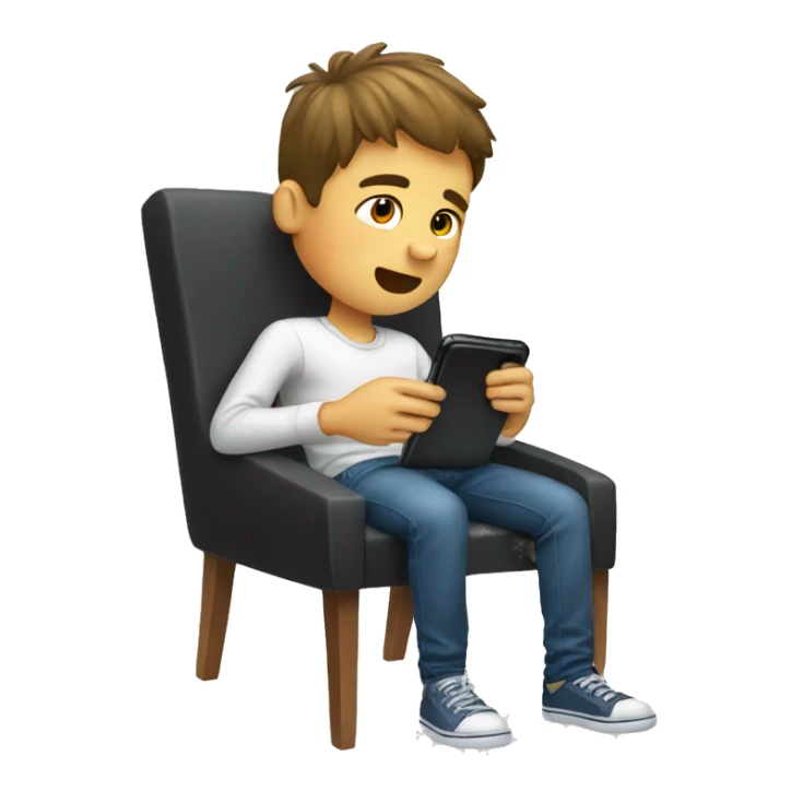 A boy using phone sitting on the chair with legs upside sticker