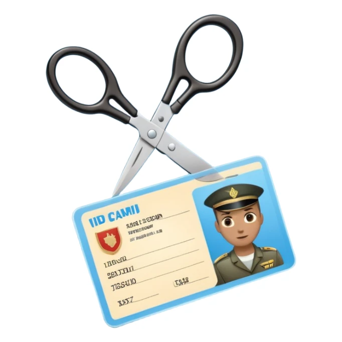 Floating black Scissors cutting in half a light blue idf soldier ID card with golden chip in 2 parts .hyper realistic sticker