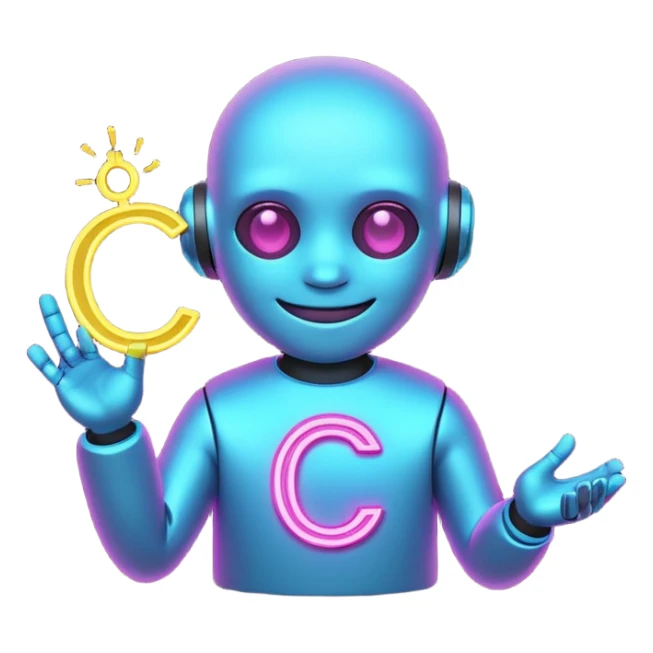 Tiny smiling cyber creature made of neon lines, holding a small glowing C symbol, with little sparks around it. sticker
