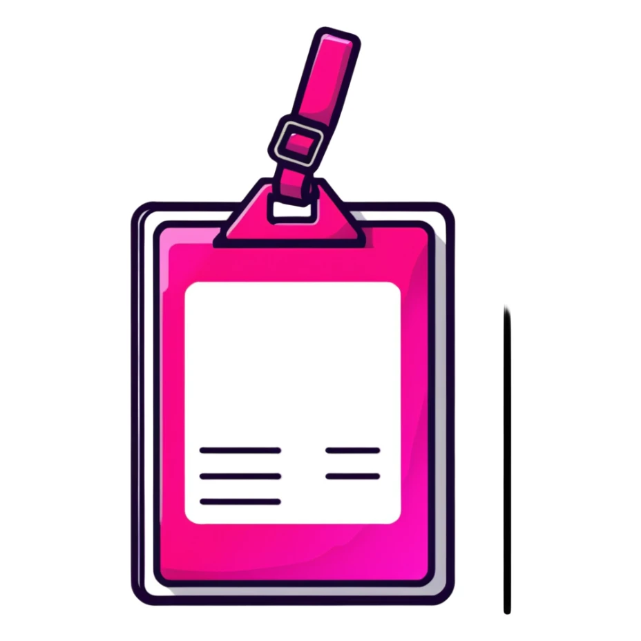 ID badge, transparent glass with bright pink gradient from #FF335F to #FF99AA, highlights and reflections, minimalistic sticker