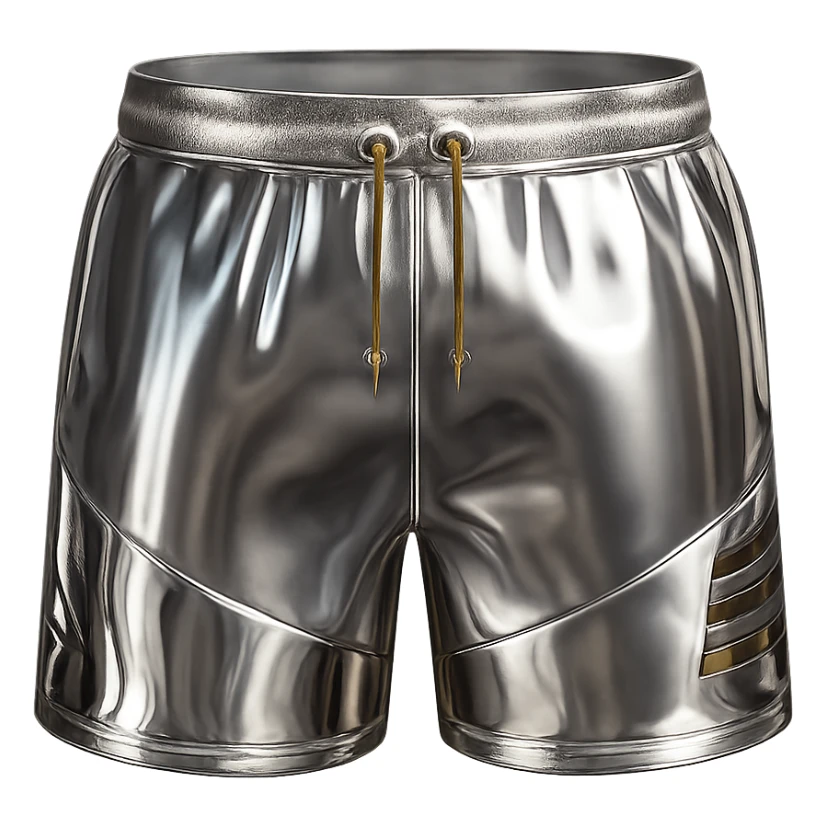 Make the shorts chrome 3D style with gold and white accents, highly reflective and metallic, no background. sticker