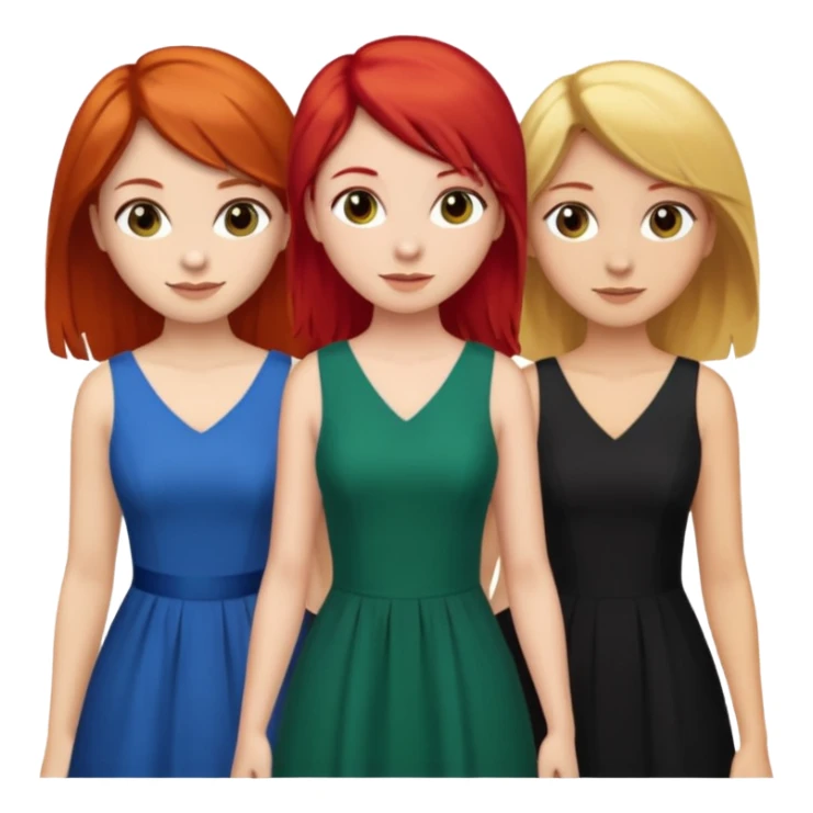 Can you create an image of 3 friends together one with red bright hair light skin one the other with brown hair with some blonde highlights in the hair fair skin the last one with light brown a tint of orange hair and black long hair with brown with dresses sticker