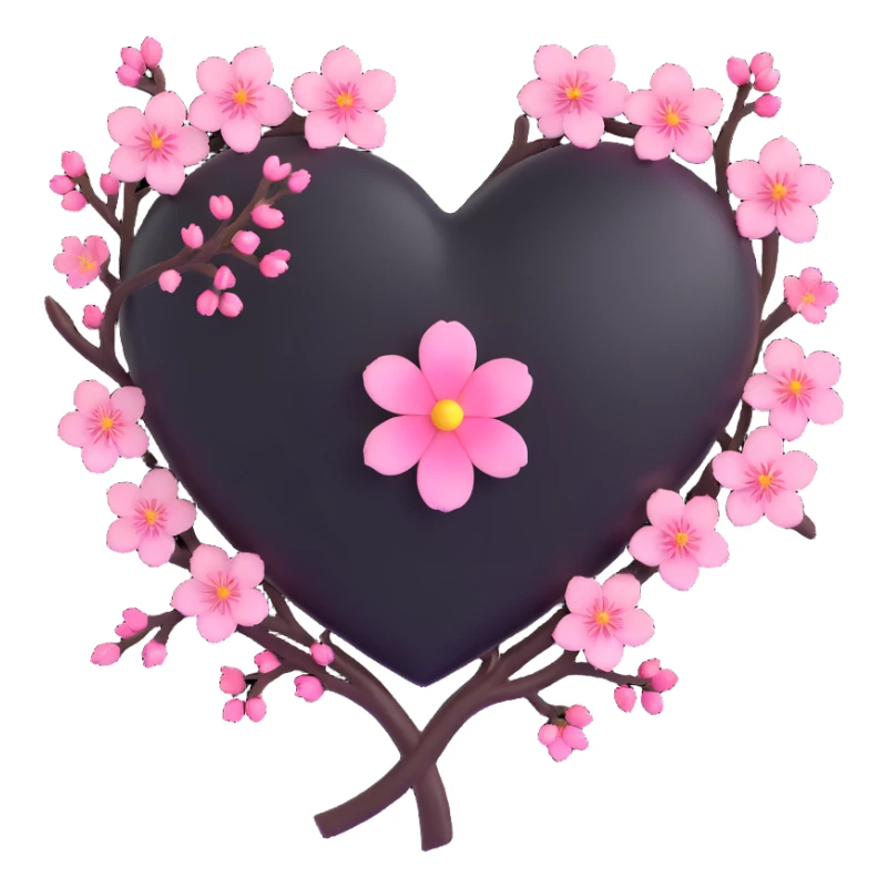 goth sakura heart, black heart with sakura branch and glowing blossoms sticker