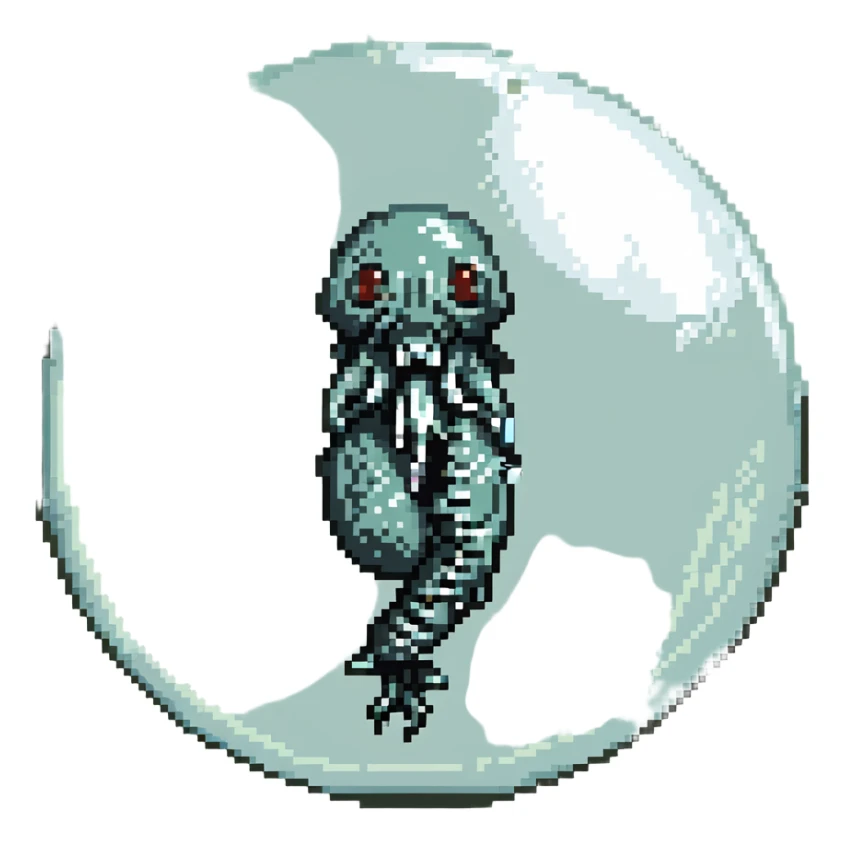 MRI parasitic embryo, digital, fetal small shape in otherworldly bubble, eerie, horror, pupa, crystalis, in-utero, sea-life, crustaceanoid, photorealismm siphonophore, polyp sticker