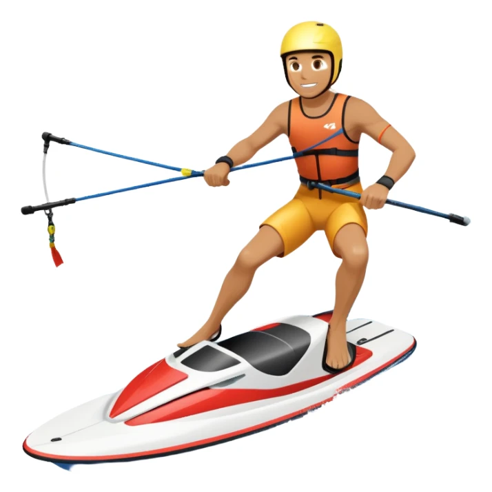 An icon showing an athlete balancing on two water skis, holding onto a rope pulled by a speedboat. Water splashes trail behind as the skier rides across the surface with no poles. Transparent background emphasizes the excitement and balance of water skiing. sticker