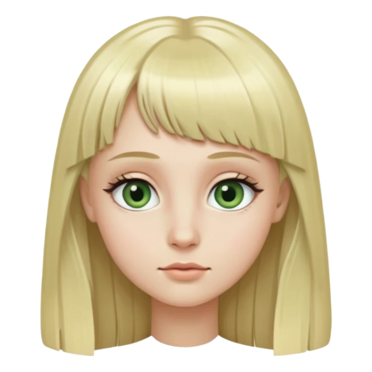 Girl with long blonde hair, micro bangs, no eyebrows, grey green eyes, and long eyelashes sticker