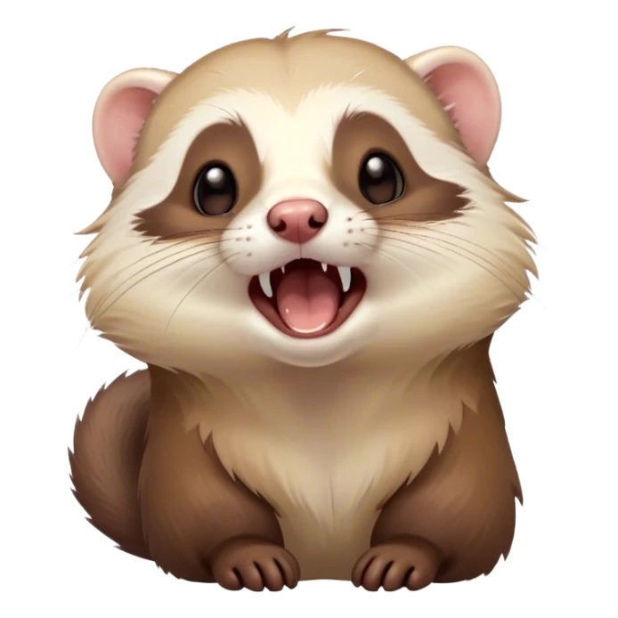 Cinematic Cute Yawning Ferret Portrait Emoji, Head tilted slightly with an exaggerated, wide-open yawn, showcasing a long, flexible body with a plush coat in soft brown and cream, droopy, drowsy eyes, and a relaxed expression, Simplified yet irresistibly endearing features, highly detailed, glowing with a soft, cozy natural glow, high shine, relaxed yet expressive, stylized with a dash of whimsical charm, soft glowing outline, capturing the essence of a sleepy yet affectionate ferret that seems ready to curl up for a nap! sticker
