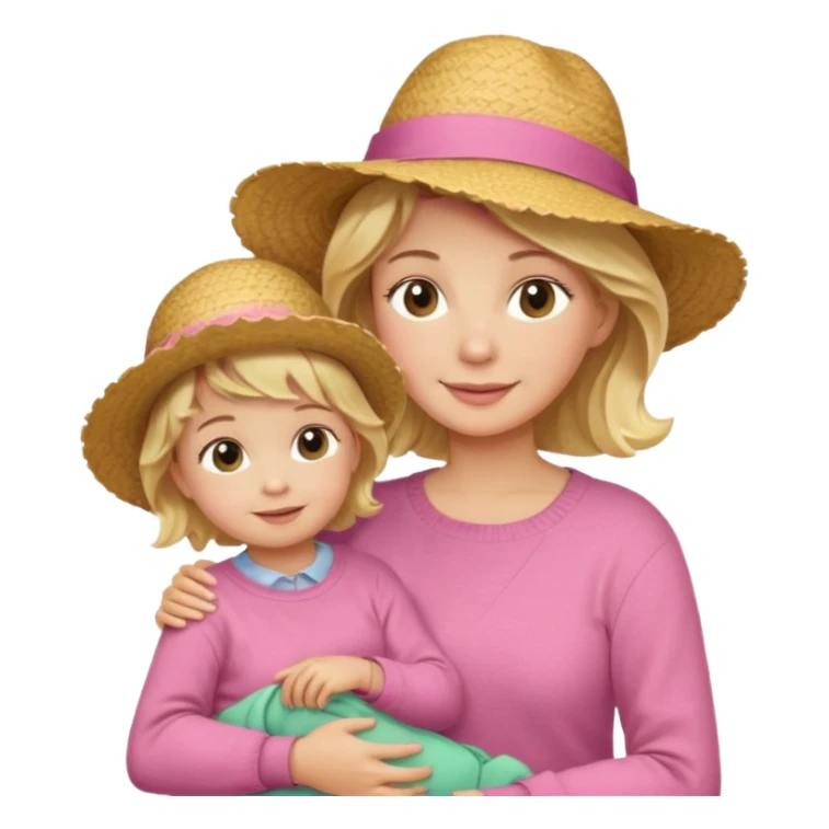 A cheerful wavy short blond hair mom in a straw hat carrying her child, wearing a pink sweater sticker