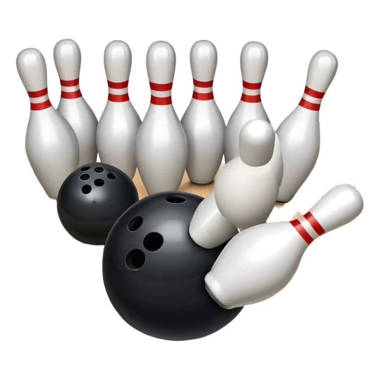 A bowling ball rolling down the lane towards a set of pins, with the pins poised to fall. The scene is set in a bowling alley with bright lights and a polished wooden floor, capturing the excitement and precision of the sport. sticker