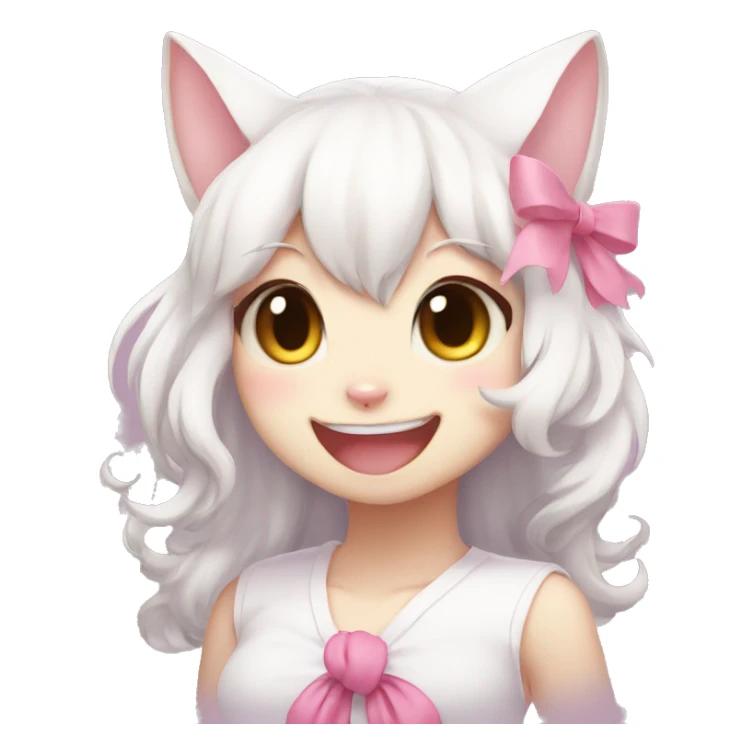 fursona white cat girl with pink bow cute laughing anime sticker