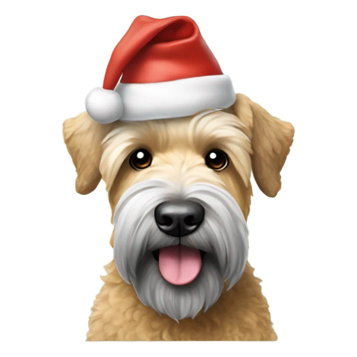 Hyper realistic soft coated Wheaton terrier with grey ears and short hair on it head wearing a Santa hat sticker