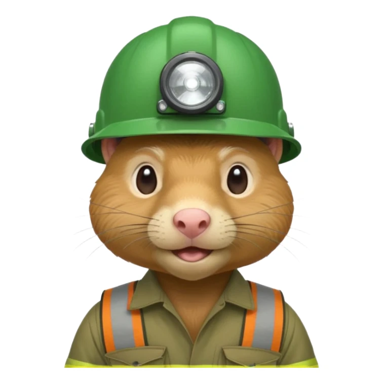 a mole rat, green helmet, headlamp, worker cloth sticker