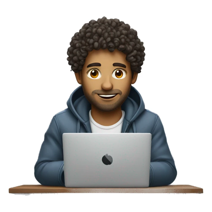 A man with curly hair but behind the laptop, be a programmer sticker