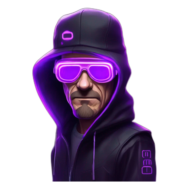 Walter White wearing a black hoodie with "OMG" letters on it and VR headset in a cyberpunk VR environment with violet neon lighting. sticker