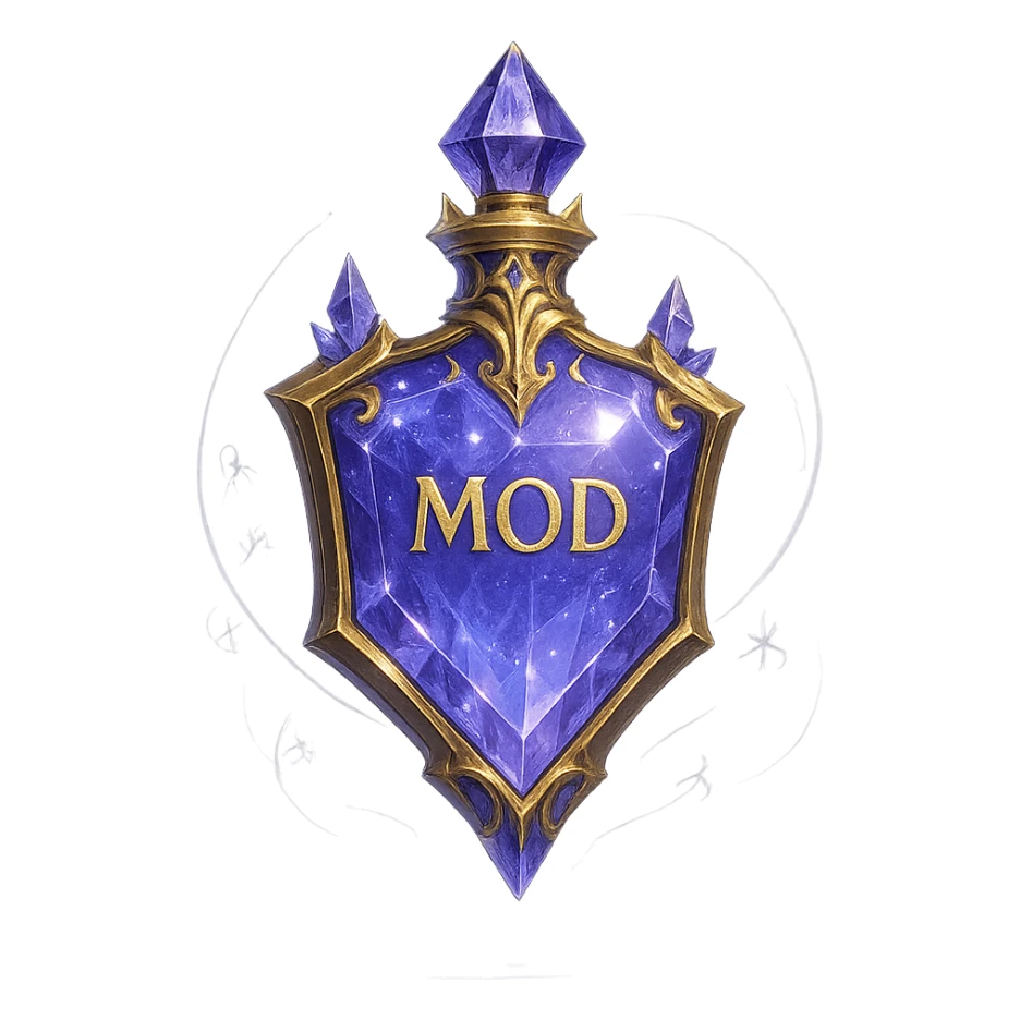 Extremely luxurious crystal elixir bottle in shield shape, color #7986cb, with inscription 'Mod', maximum glow, edges, ornaments, golden details, subtle magical effects, unique shape accents (e.g., additional crystals, light streams, magical symbols). Transparent background, beautiful seamless bottom, bottle clearly floating in air, no base or shadow, premium class, modern, fits collection. sticker