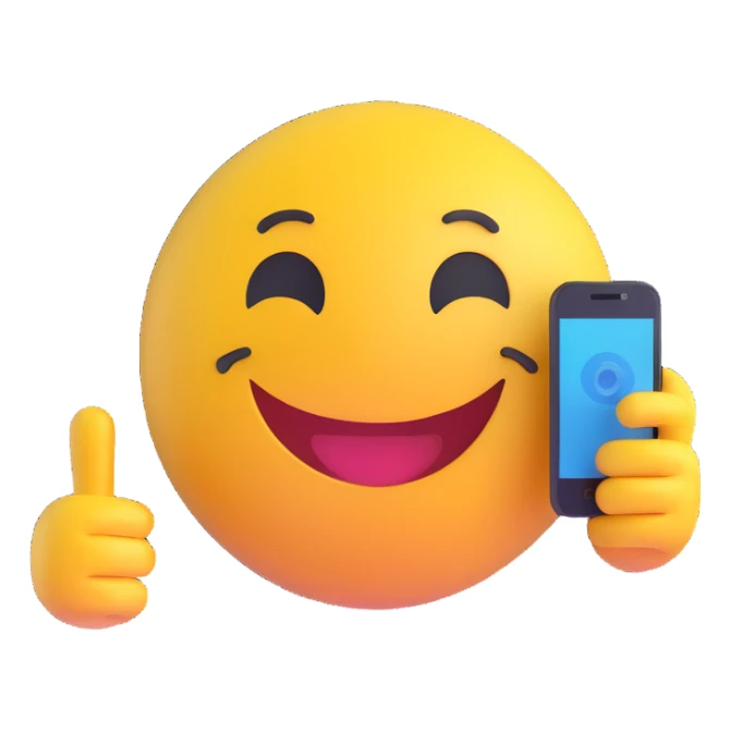 3D smiley emoji, round shape, student studying with smartphone, yellow color, smiling face sticker