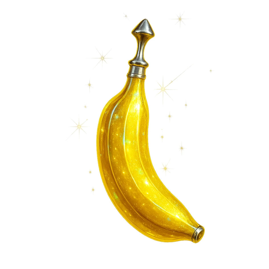 banana-shaped luxurious elixir bottle, banana yellow color, iridescent and silver details, maximum intense magical glowing and sparkling effects, very small neck, seamless bottom, transparent background, floating, no base or shadow, modern, matching a collection sticker