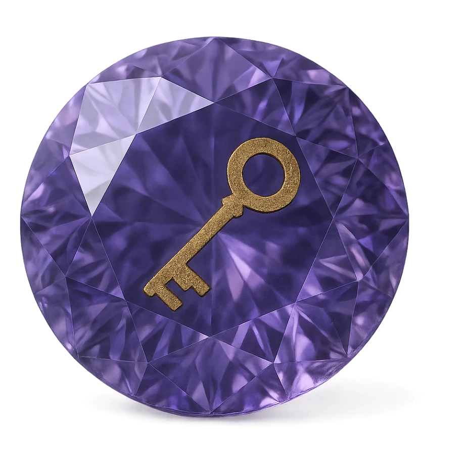 real diamond, circle-diamont gem shape, color #9665db, with complex 🗝️ key  symbol on the diamond. sticker