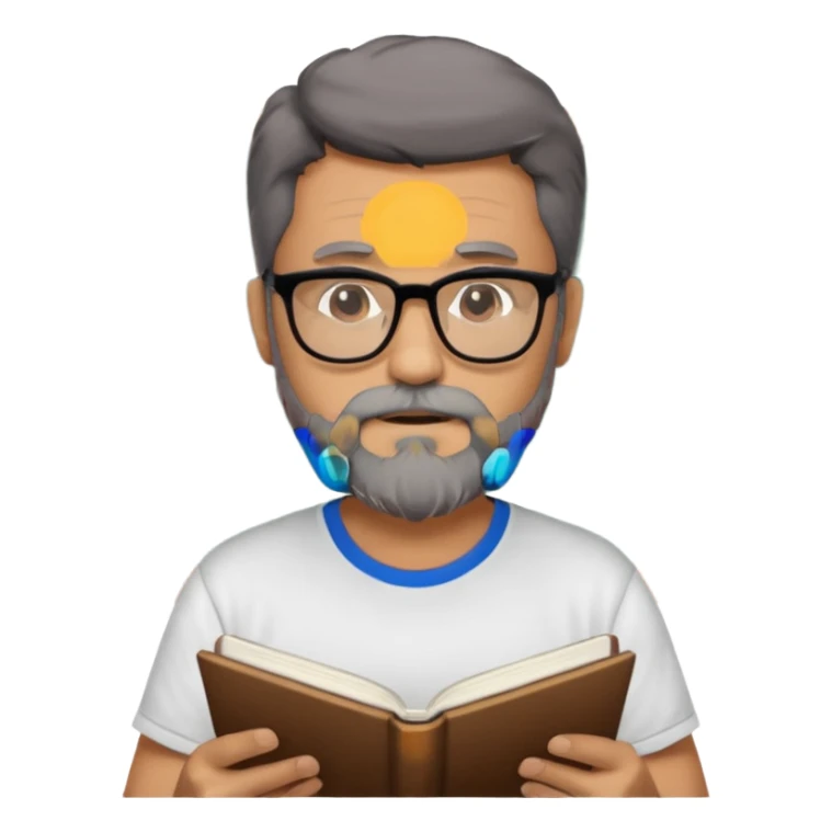 A man with a large gray beard, dark hair, wearing a t-shirt and glasses, studying. sticker