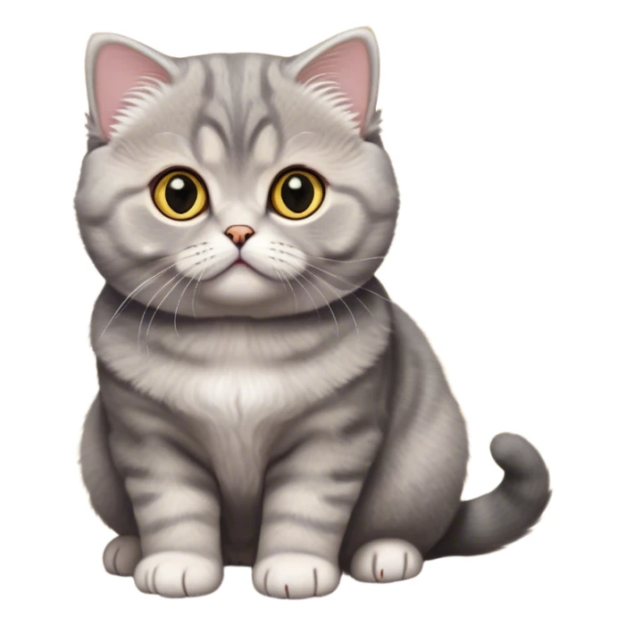 Cinematic Adorable Fluffy Grey Munchkin Scottish Fold Cat Portrait Emoji, Tiny, stubby legs and endearing folded ears giving it an irresistibly charming look, head tilted cutely with big, sparkling yellow eyes, soft grey fur with darker points on the ears, face, and paws, Simplified yet irresistibly adorable features, highly detailed, glowing with a soft, warm glow, high shine, affectionate and playful, stylized with a touch of whimsy, bright and endearing, soft glowing outline, capturing the essence of a curious and loving kitten with the unmistakable cuteness of a Munchkin Scottish Fold, so cute it feels like it could leap out of the screen—if only its little legs could reach! sticker