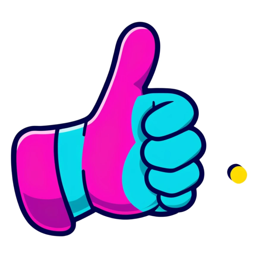 Minimalist sticker with white 'tt' letters on a black circle with cyan, magenta, and yellow dots below, thumbs up gesture with street style influence sticker