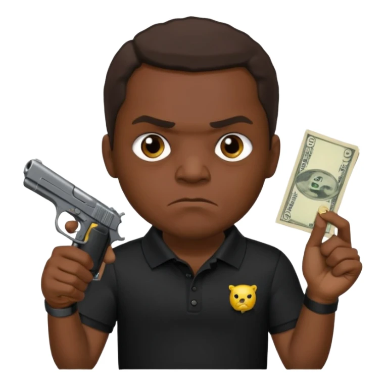 franklin saint from snowfall perhaps holding money and gun but he is mad and with a black polo shirt sticker