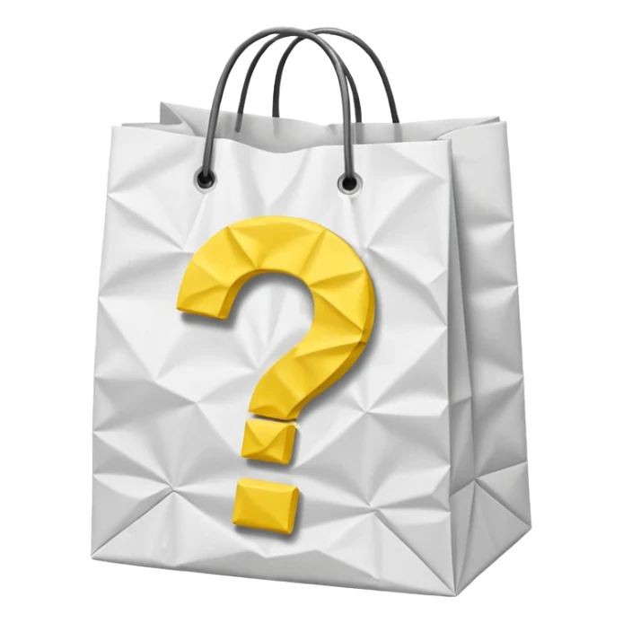 crumbled white goodiebag with yellow questions mark boxes stuffed in it sticker