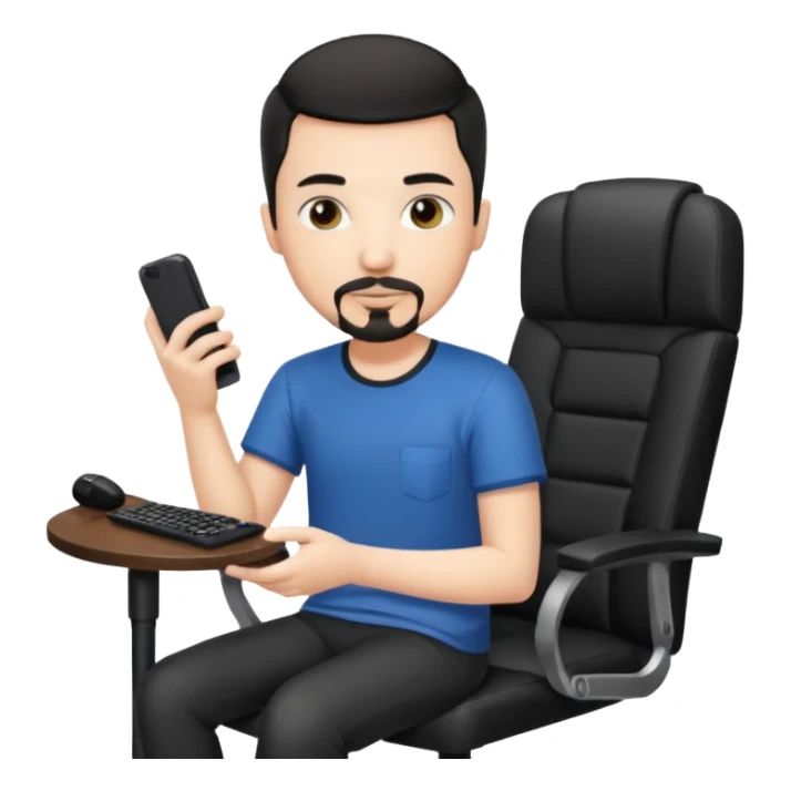 a setup of a youtuber, white skin, thin goatee, black short hair, with a desktop pc on a table, a gaming chair, microphone, no headset phone sticker