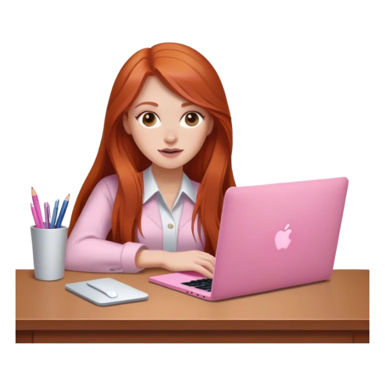 Long hair Redhead sat at desk with pink MacBook  sticker