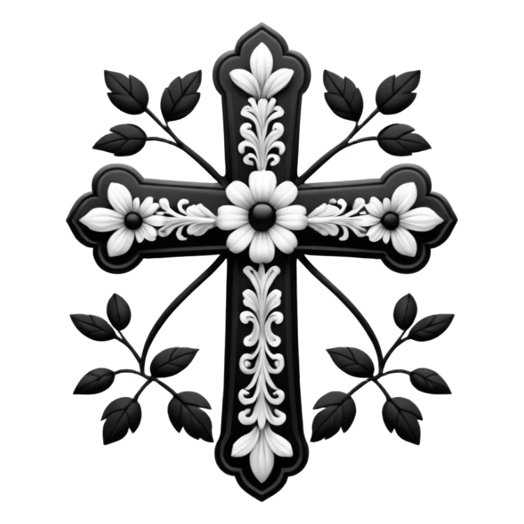 a black and white detailed cross with black and white flowers over the top sticker