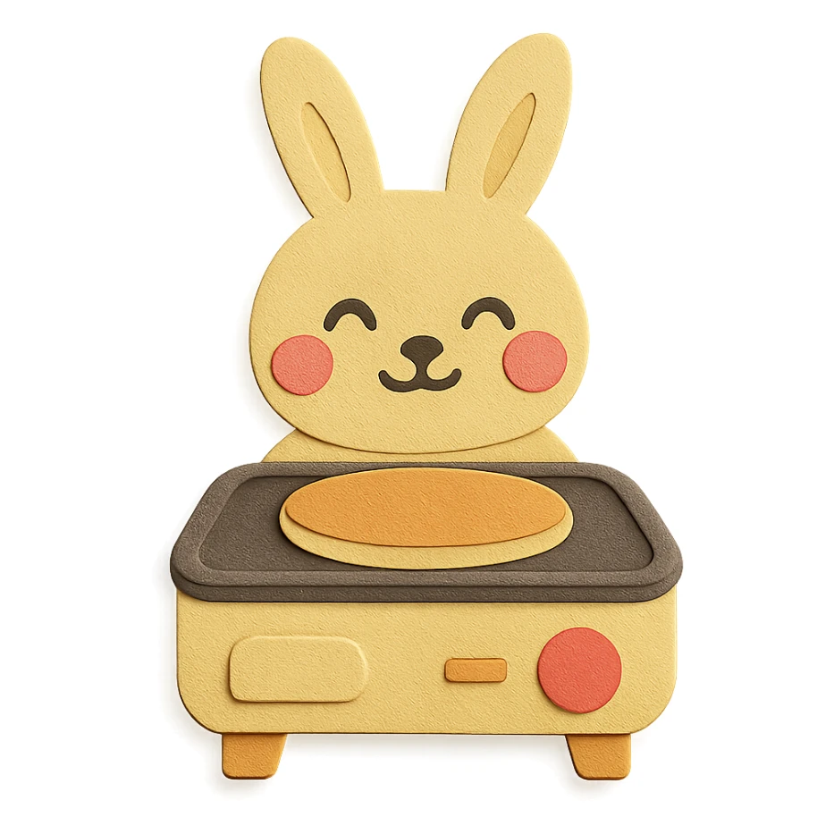 rabbit-shaped electric grill cooking a pancake, blushing joyfully, pastel yellow, full-body sticker