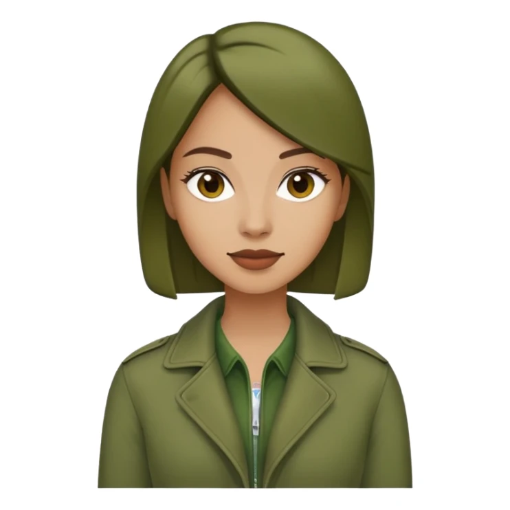 woman wearing dark olive green jacket over a lighter green top sticker